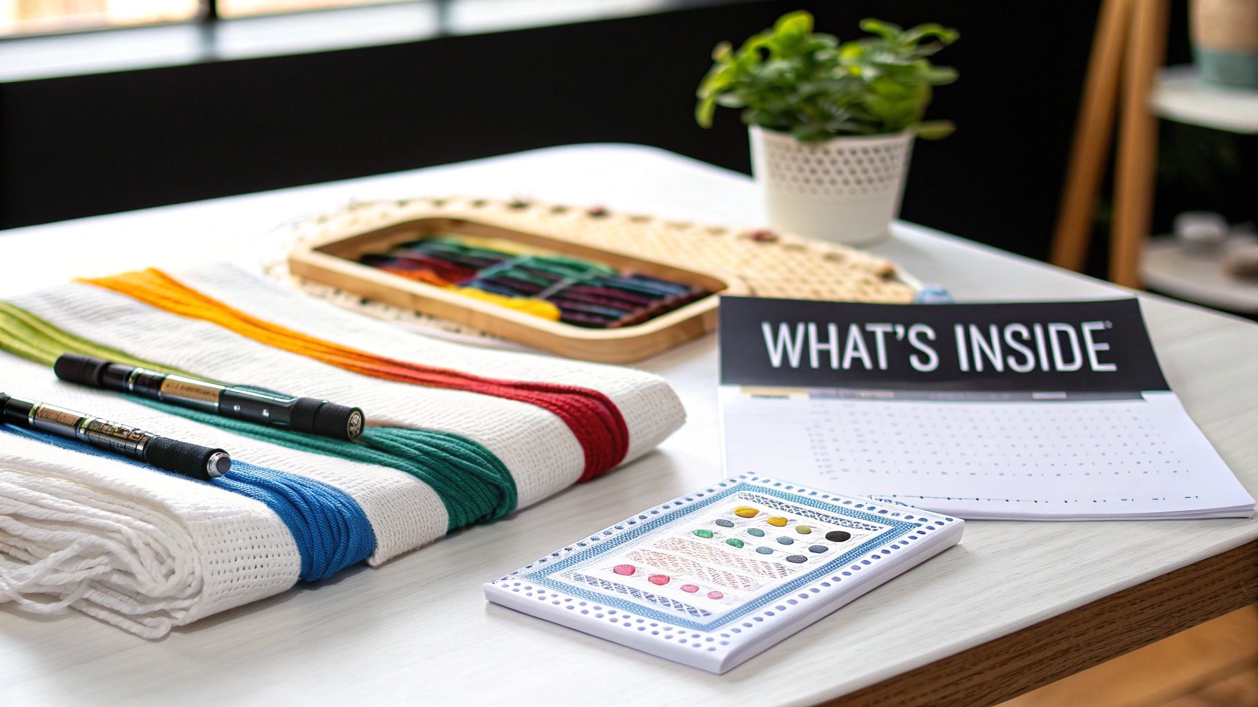 A flat lay of colorful cross-stitch supplies, including floss, pens, and an instruction sheet, on a white table.