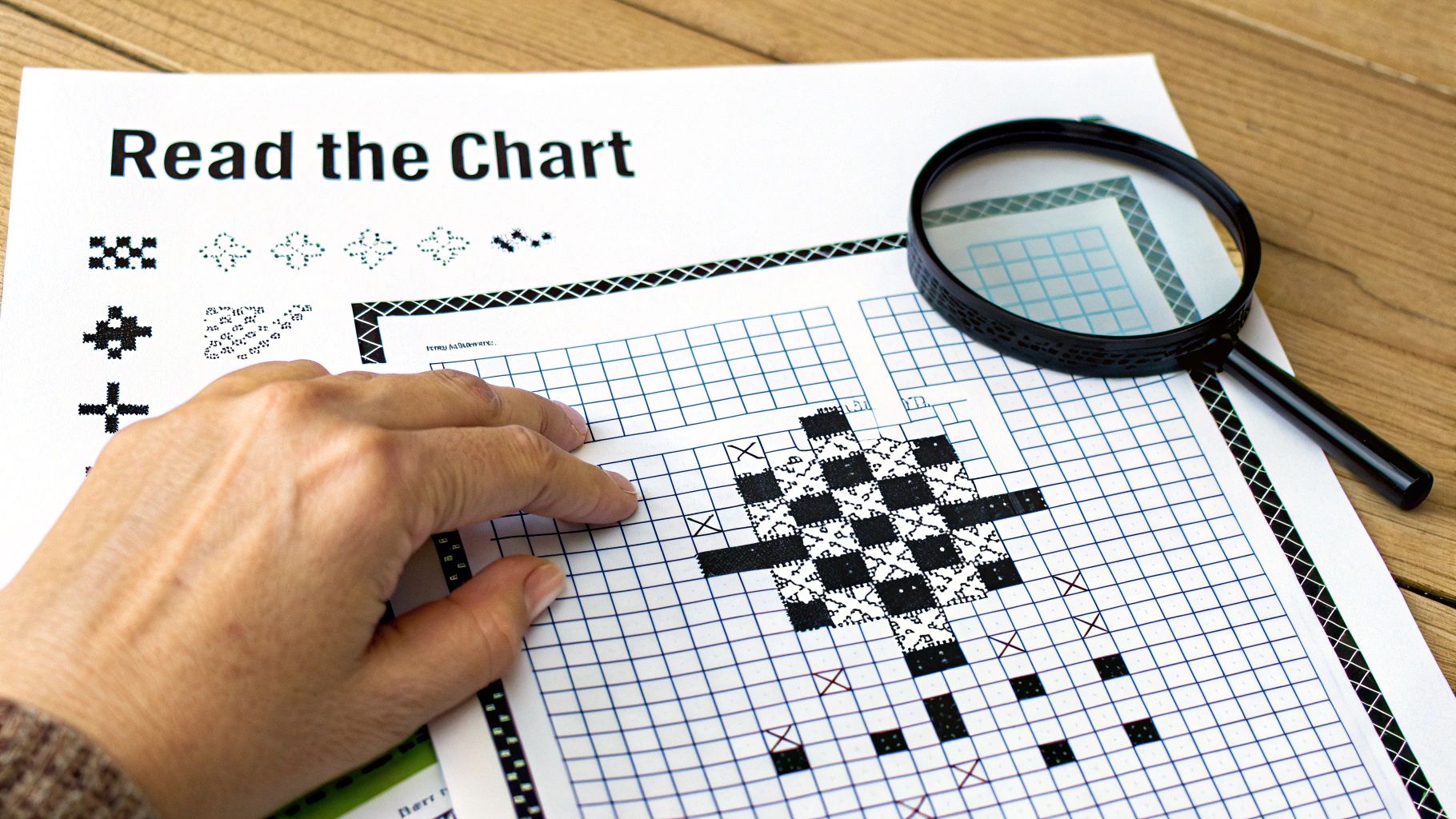A person's hands holding a cross stitch pattern and looking at a partially completed project.