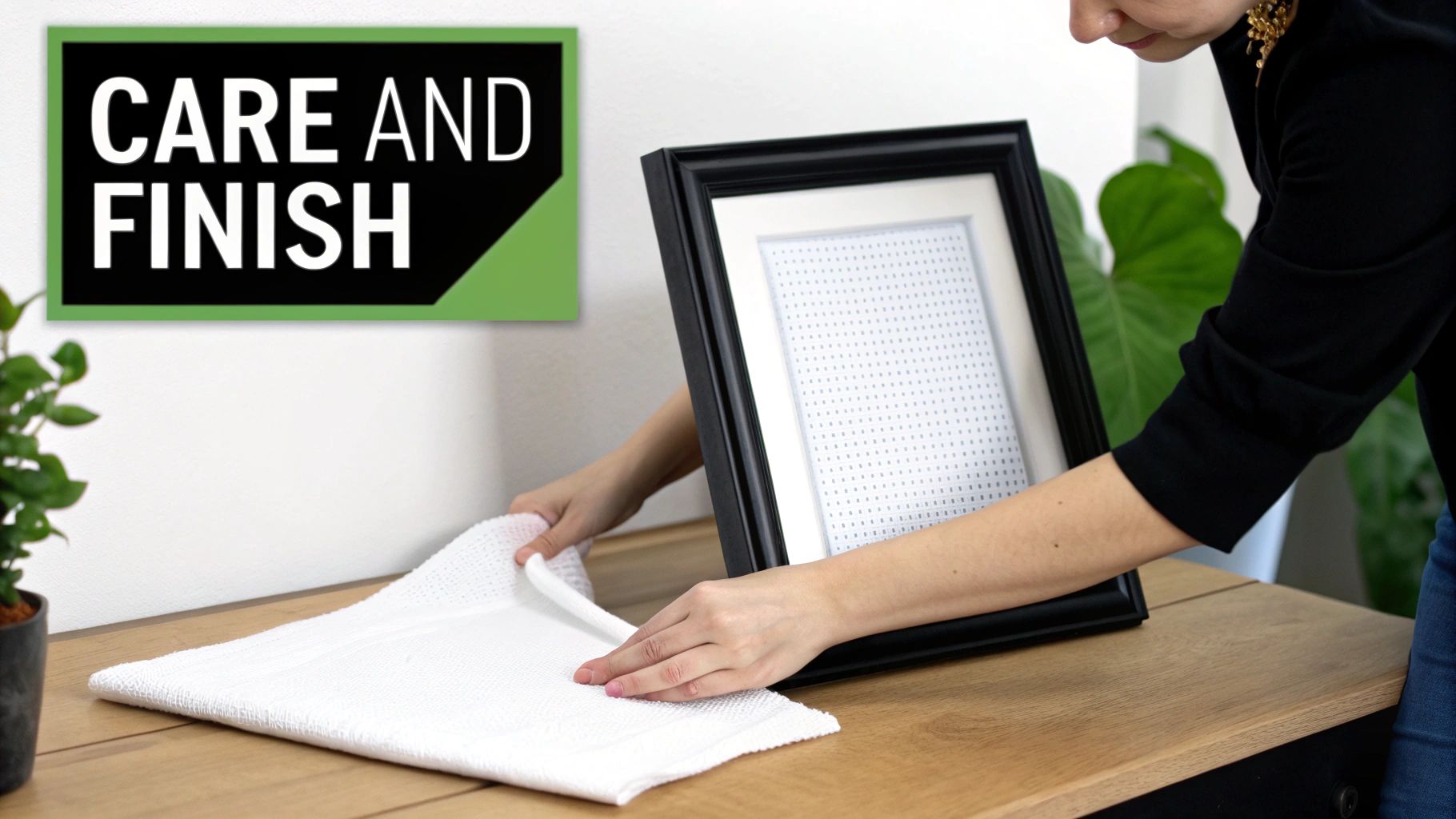 A person carefully places a black picture frame with a cross-stitch pattern onto a white towel on a wooden table.