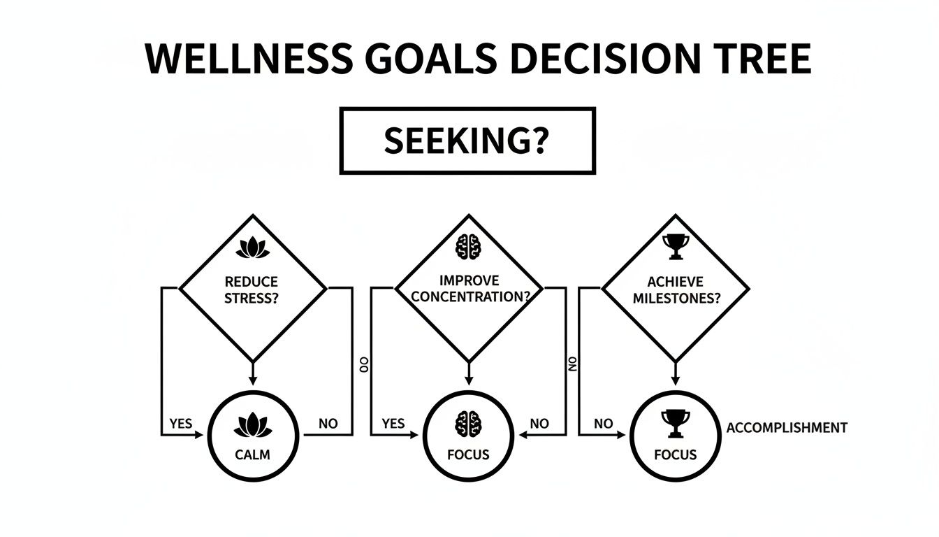 A wellness goals decision tree flowchart guides users to calm, focus, and accomplishment based on their needs.