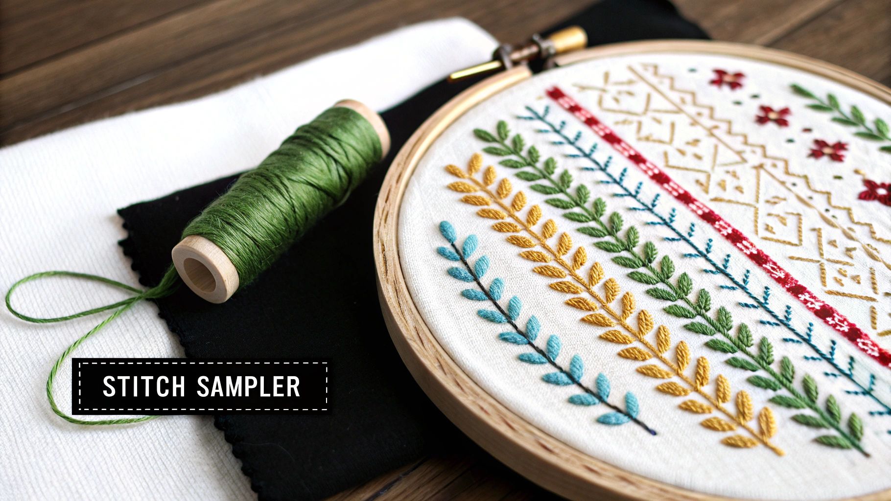 An embroidered sampler showing various stitches like satin stitch, French knots, and backstitch in different colors.