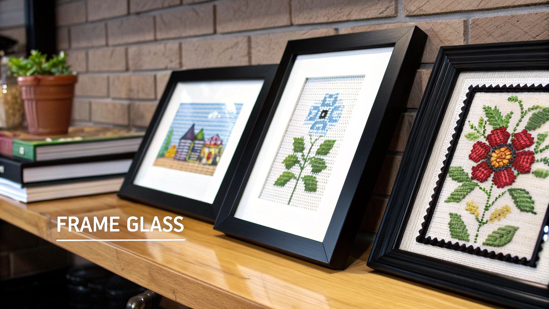 Three framed cross-stitch artworks featuring flowers and houses, displayed on a wooden shelf.