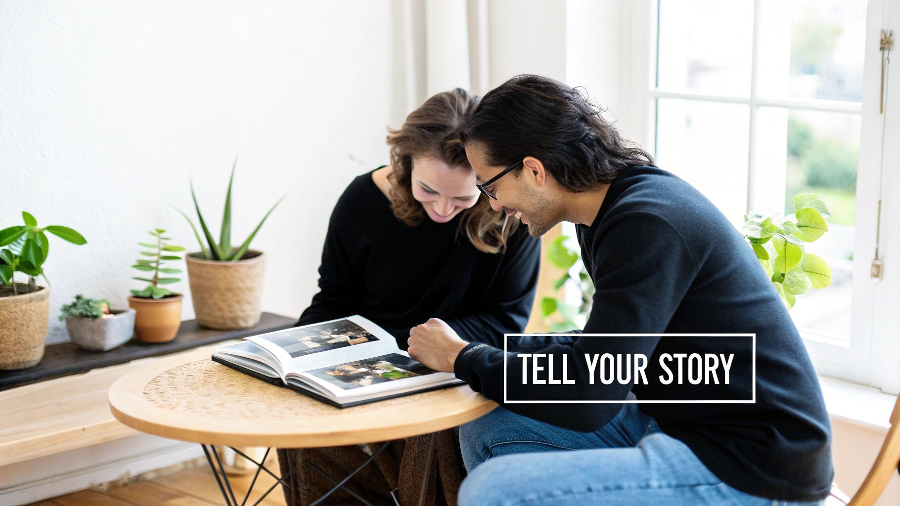 Two happy people smiling while looking at a photo album together, sharing memories.
