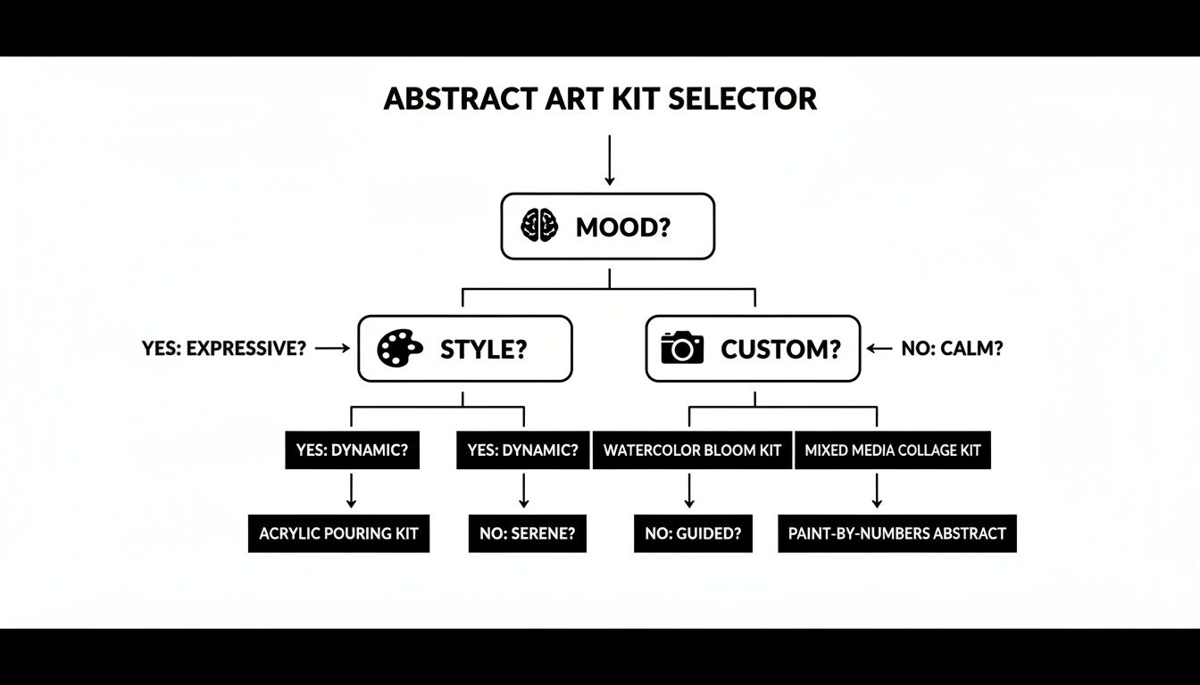 Flowchart diagram for selecting abstract art kits based on mood, style, or custom preferences, leading to various art projects.