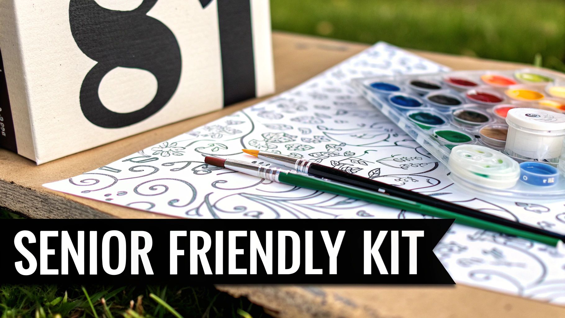 A senior-friendly kit featuring a watercolor paint set, brushes, and a patterned coloring page for creative activity.