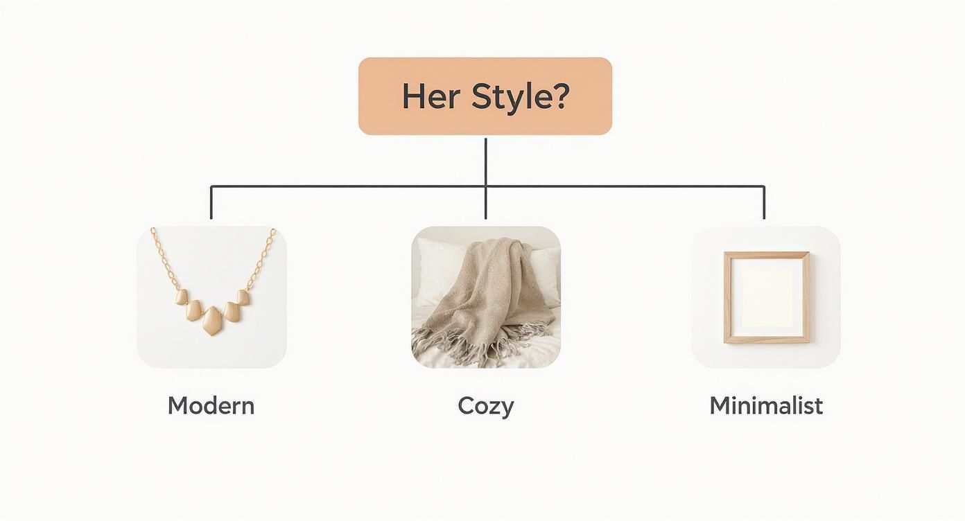 A diagram asking 'Her Style?' with options: Modern (necklace), Cozy (blanket), and Minimalist (framed art).