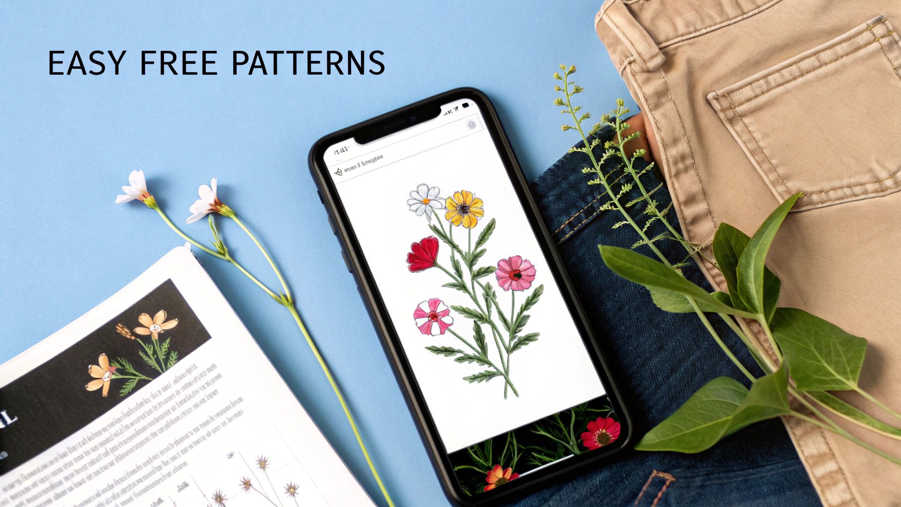 Smartphone displaying colorful floral embroidery patterns on screen with fabric and fresh flowers