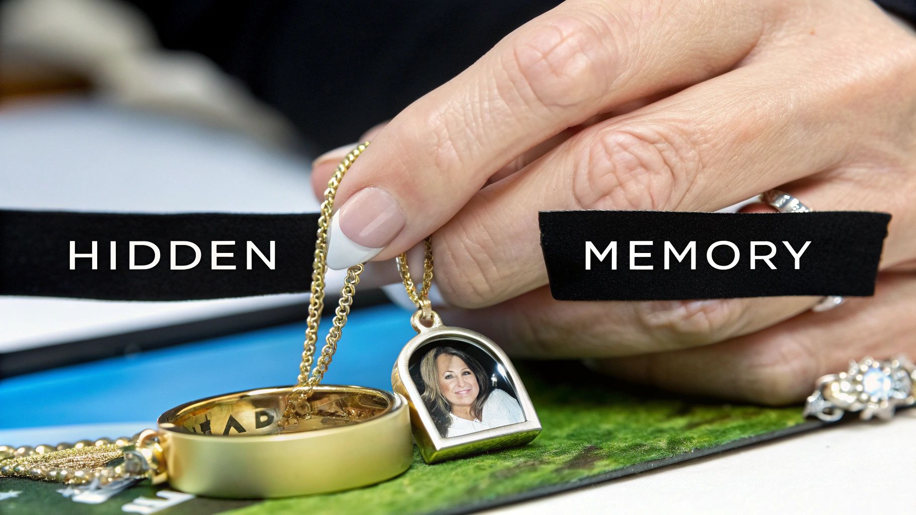 A hand holds a golden locket necklace with a photo of a woman, near a golden ring.