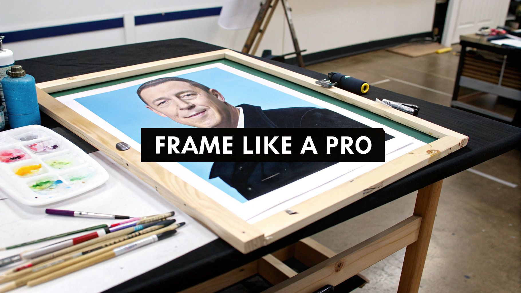 A portrait of a smiling man being framed on a table with art supplies, overlaid with "FRAME LIKE A PRO".