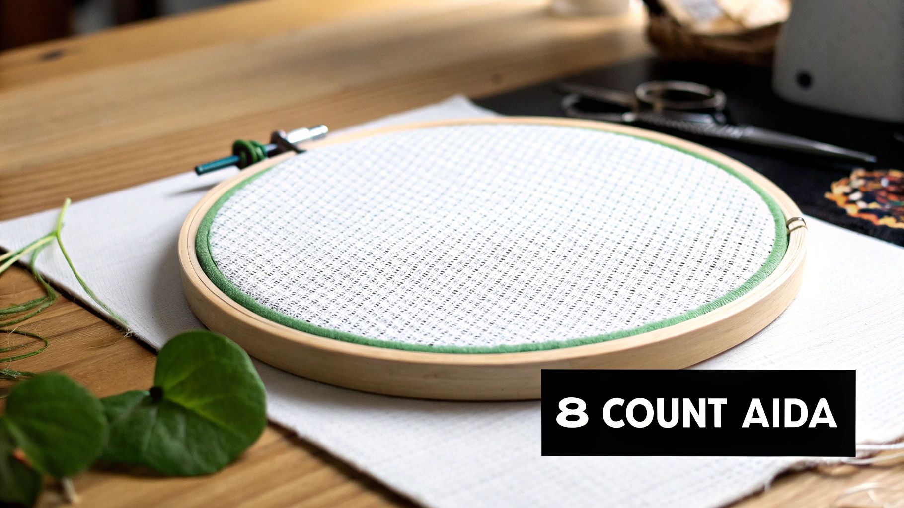 Close-up of 8 count Aida fabric stretched in a wooden embroidery hoop with green trim on a wooden table.