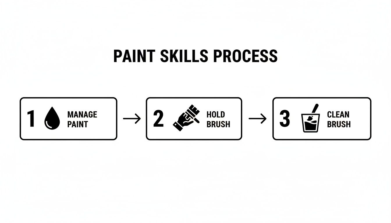 A step-by-step diagram showing the paint skills process, including managing paint, holding a brush, and cleaning it.