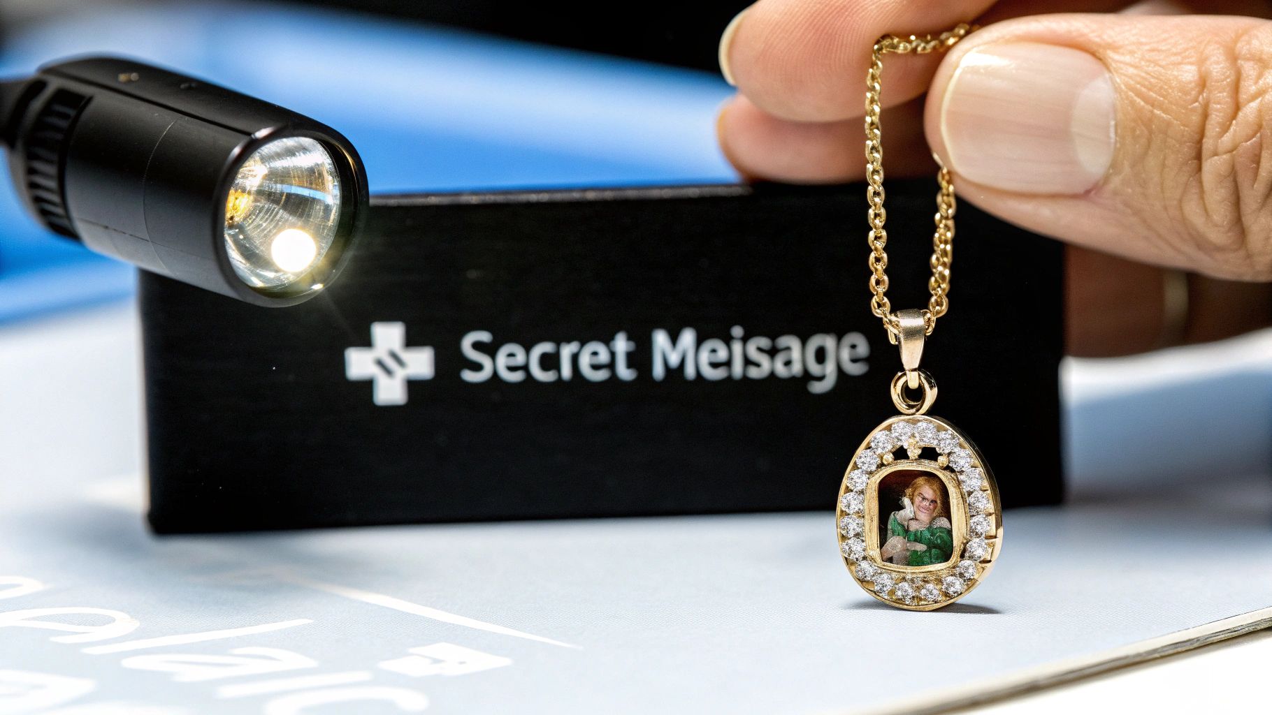 Hand holding a gold, diamond-studded locket with a tiny photo, illuminated by a flashlight near 'Secret Meisage' box.