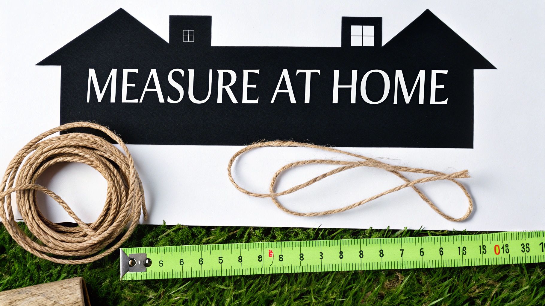A black house silhouette with 'MEASURE AT HOME' text, twine, and a green measuring tape on grass.