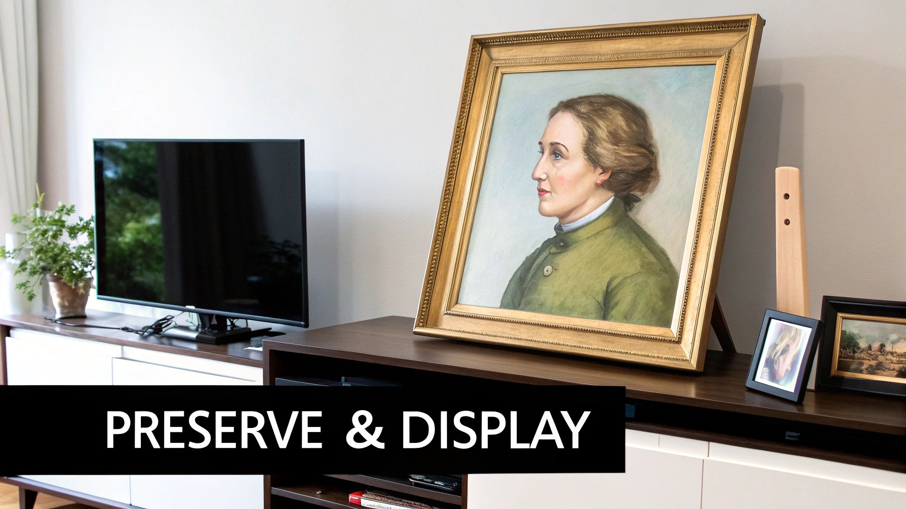 A cozy living room featuring a TV, a large framed portrait of a woman, and other framed art on a media console.