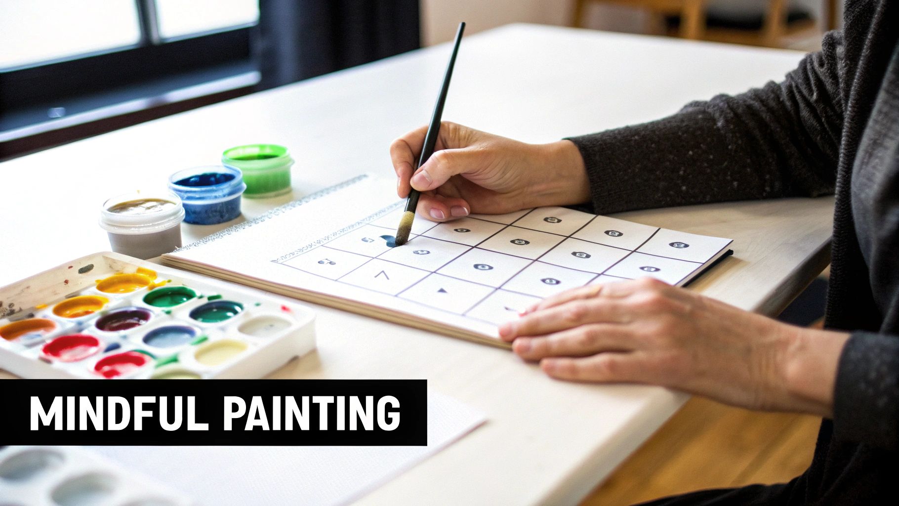 Close-up of hands mindfully painting a grid pattern with a paintbrush, surrounded by watercolor paints.
