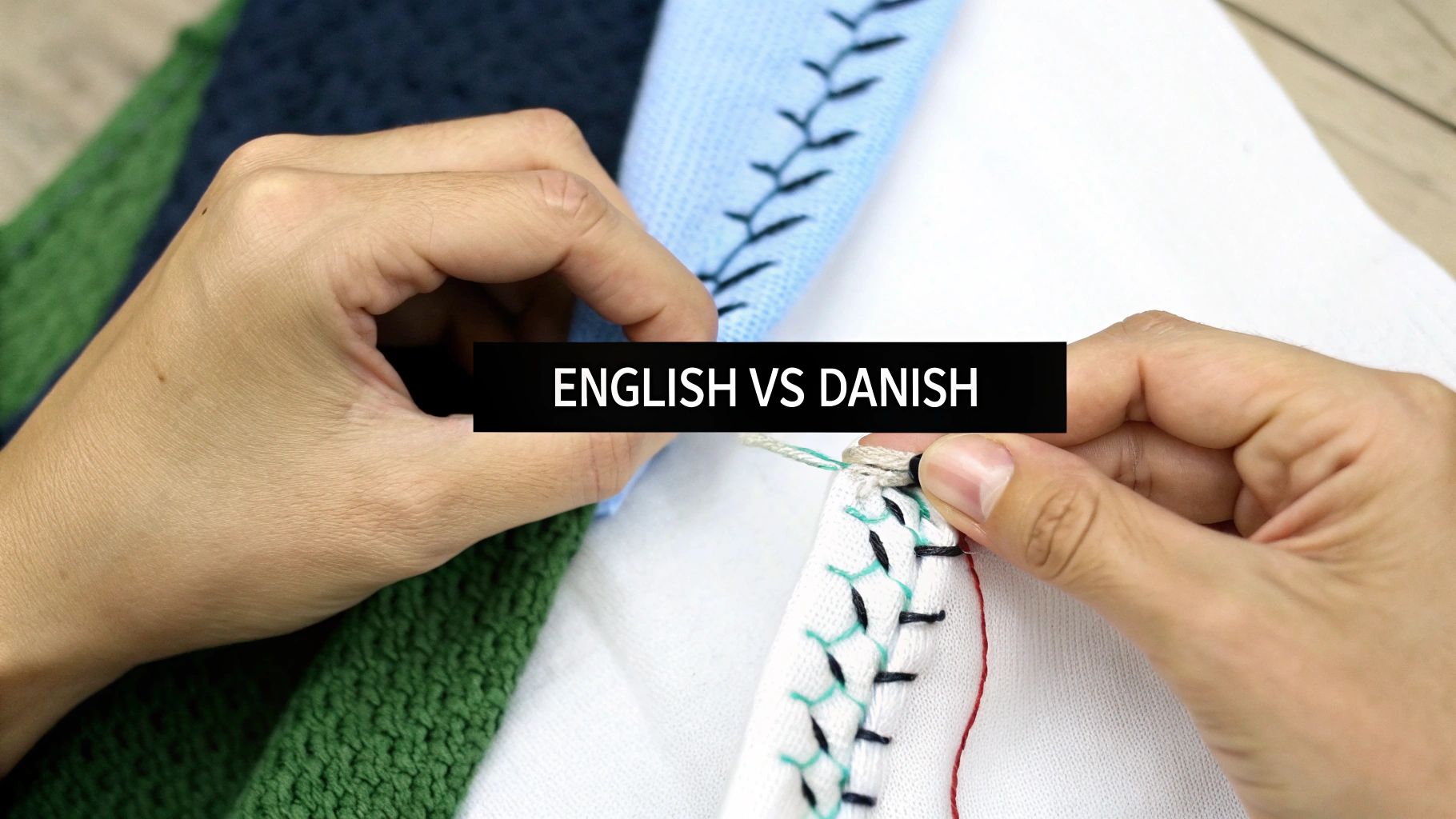 Two hands working on embroidered fabrics, showcasing various stitches with a text overlay.