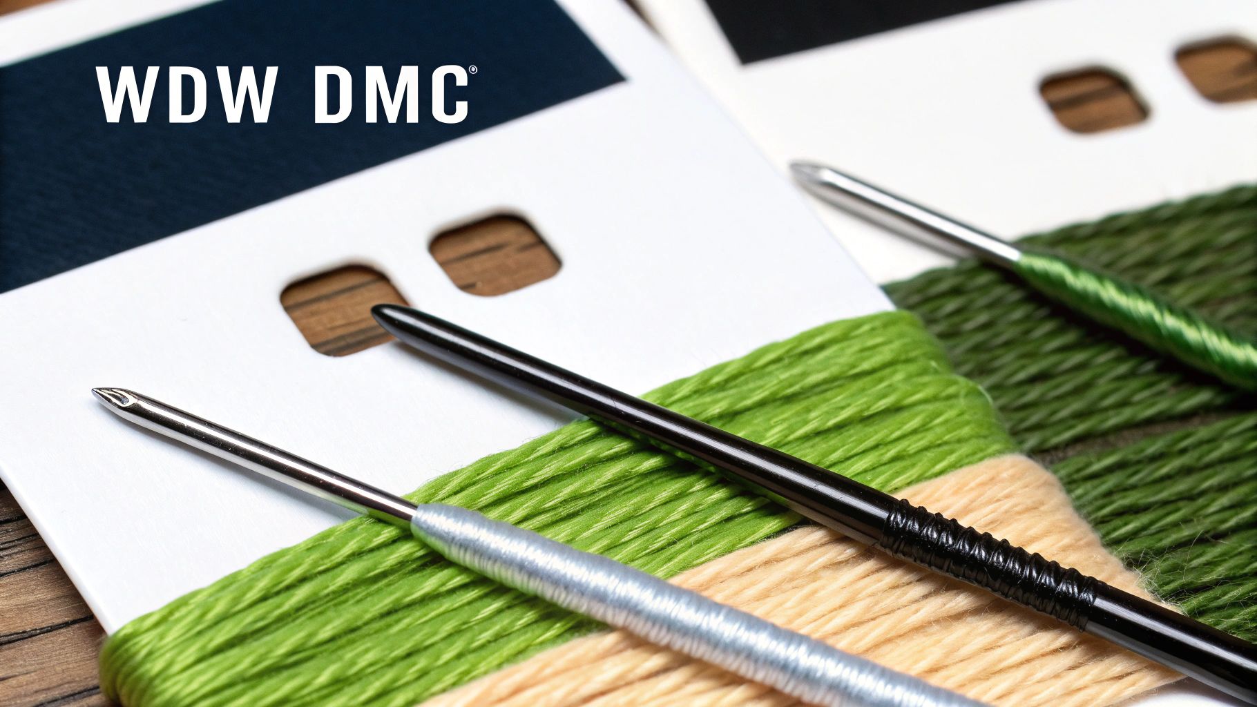 Close-up of WDW DMC embroidery floss in green and beige with punch needles.