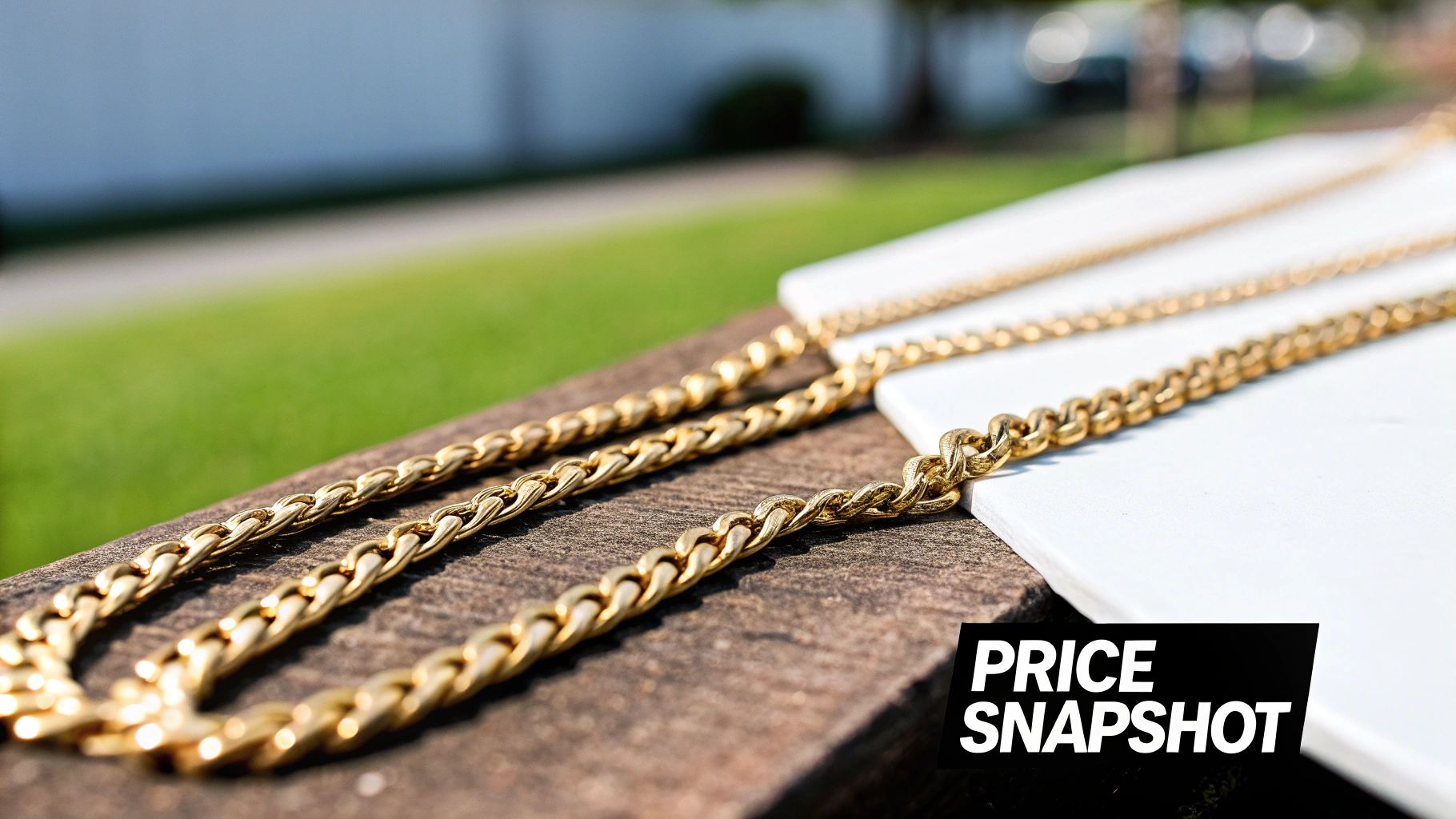 Several shiny gold Cuban link chains displayed on a wooden surface with a blurred outdoor background.