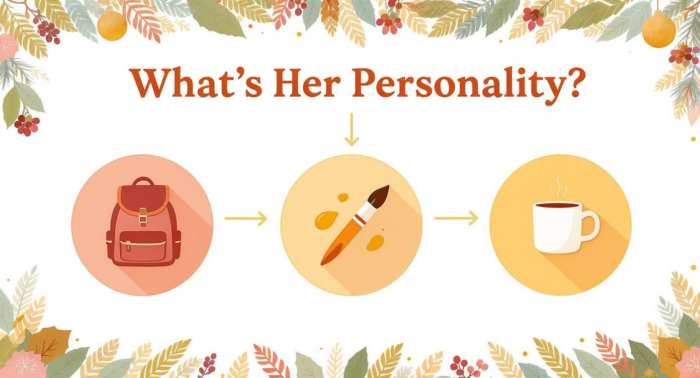 Image asking 'What's Her Personality?' with icons: backpack, paintbrush, and steaming mug.