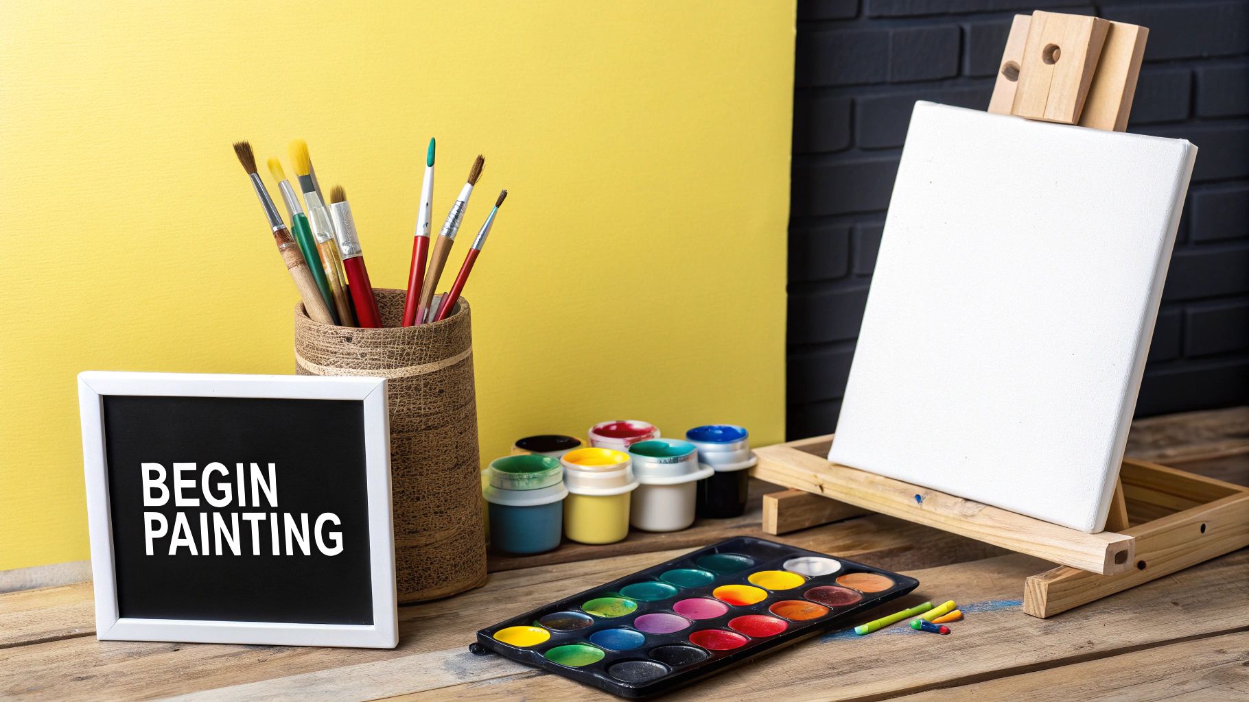 A person painting a colorful abstract piece with various art supplies surrounding them.