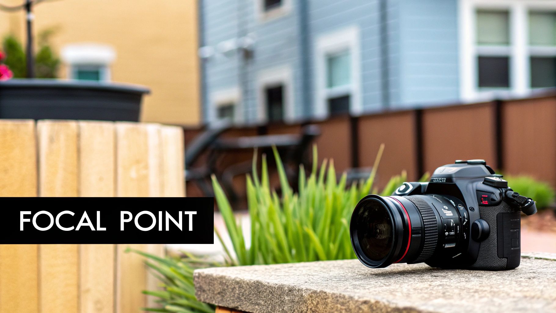 A professional black DSLR camera with a wide lens sits on a stone wall, demonstrating focal point.