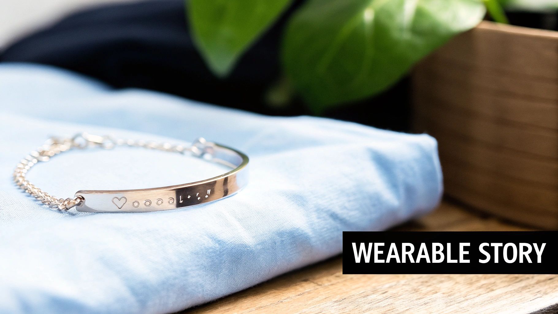 A personalized sterling silver bracelet with a heart and circle engravings rests on light blue fabric, featuring 'WEARABLE STORY'.