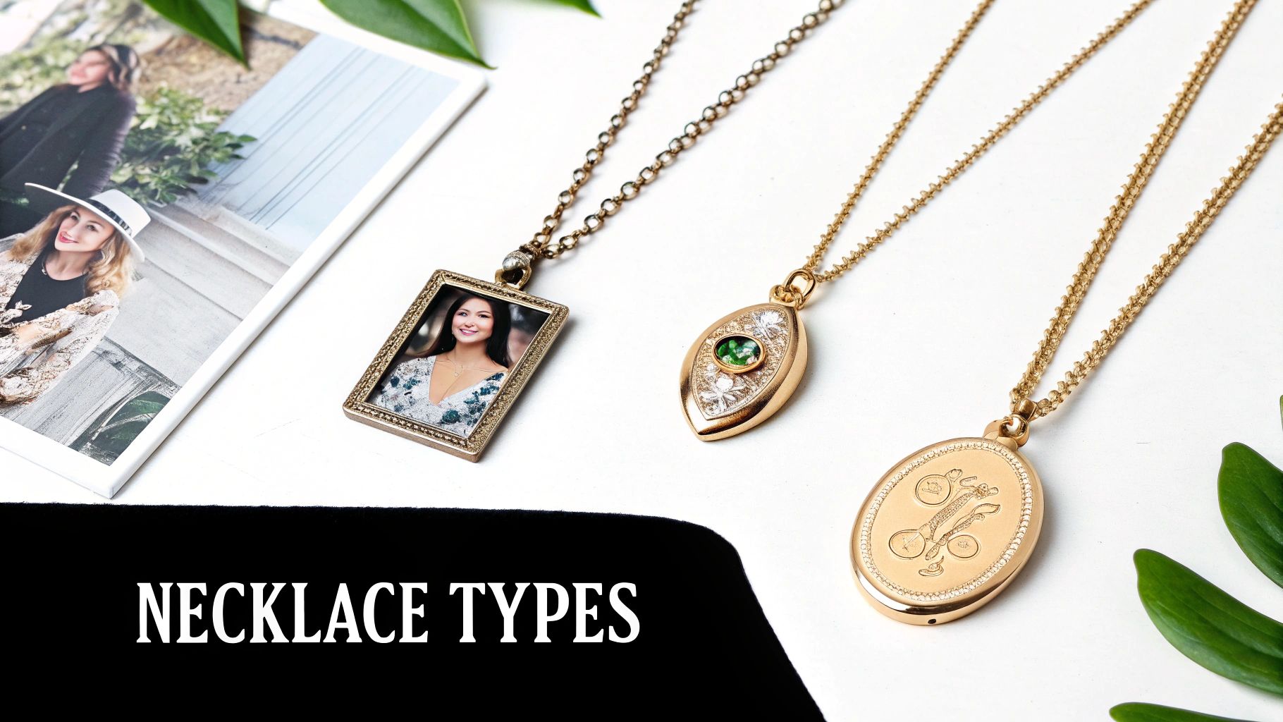 Three gold necklaces with unique pendants: a locket with a photo, a gemstone locket, and an engraved locket.
