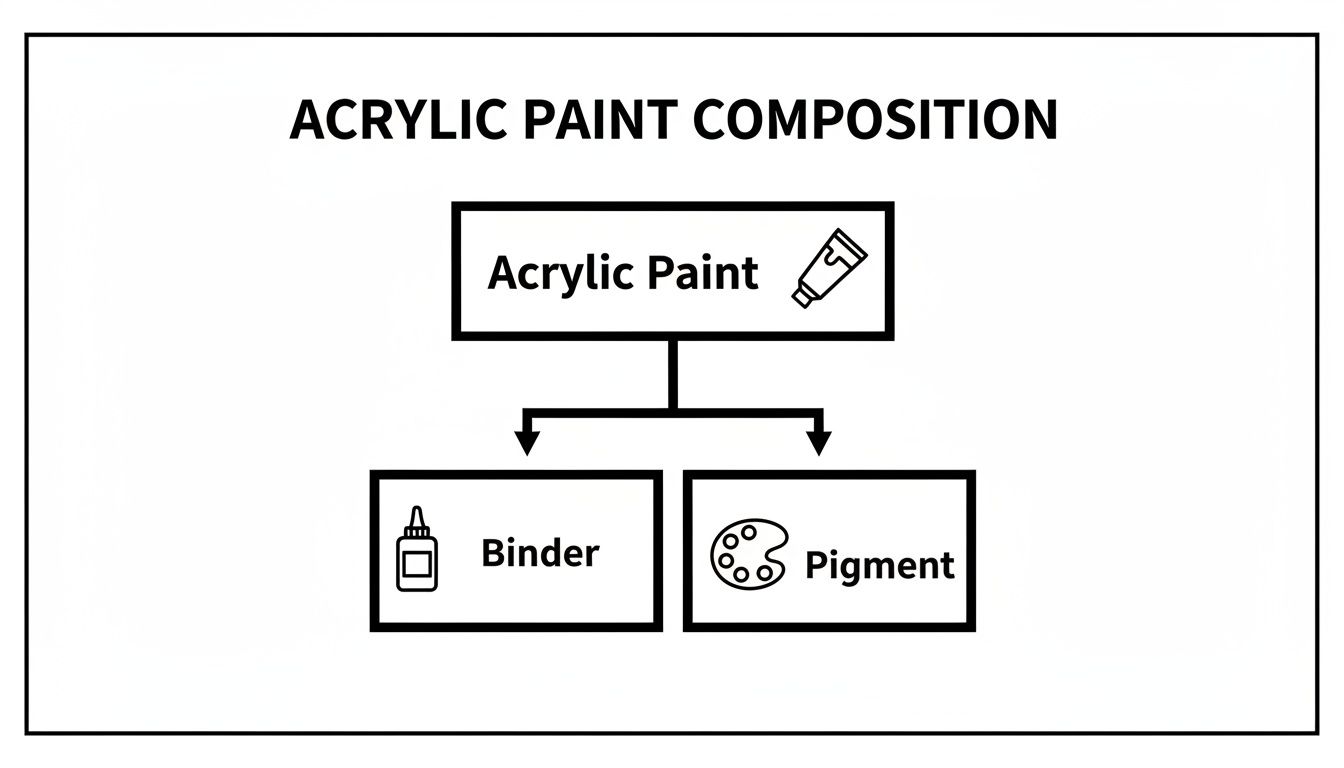 Flowchart illustrating the composition of acrylic paint, showing its two main components: binder and pigment.