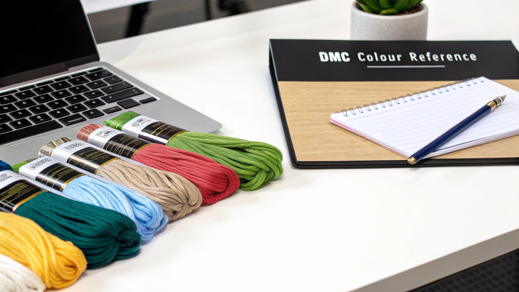 A vibrant collection of DMC embroidery floss skeins arranged in a color wheel.