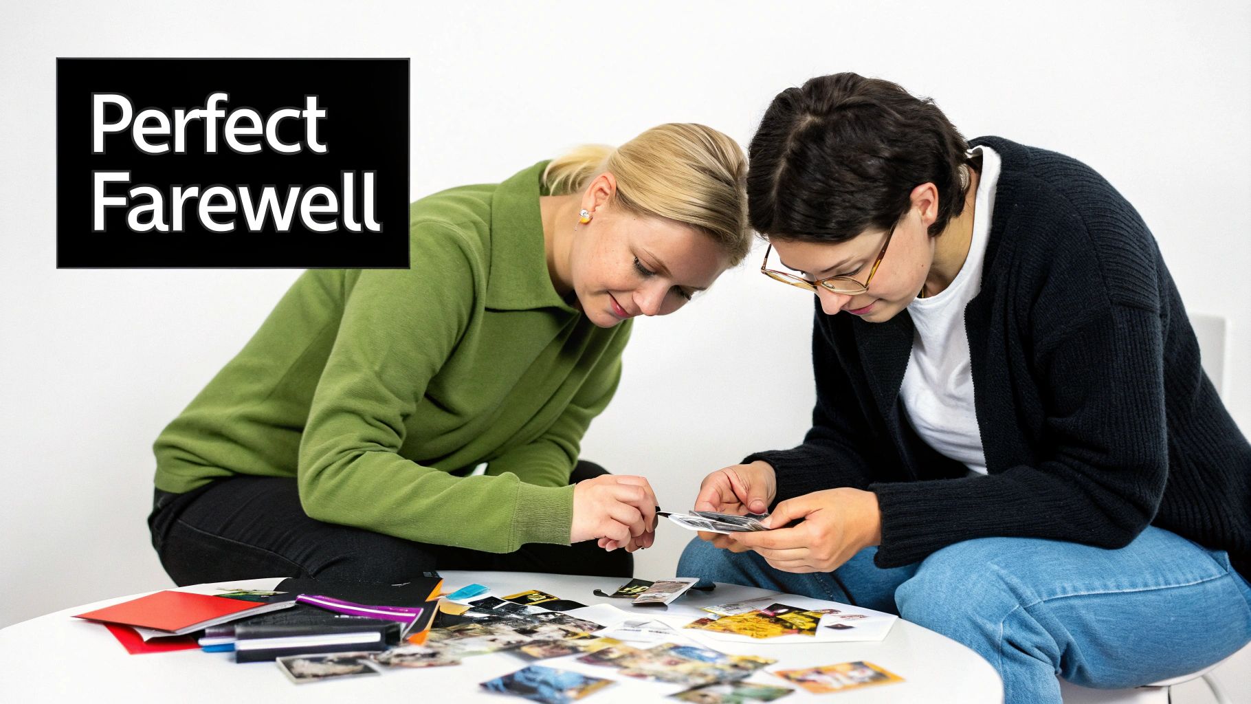 Two women sort through photos on a table, creating memories for a perfect farewell.