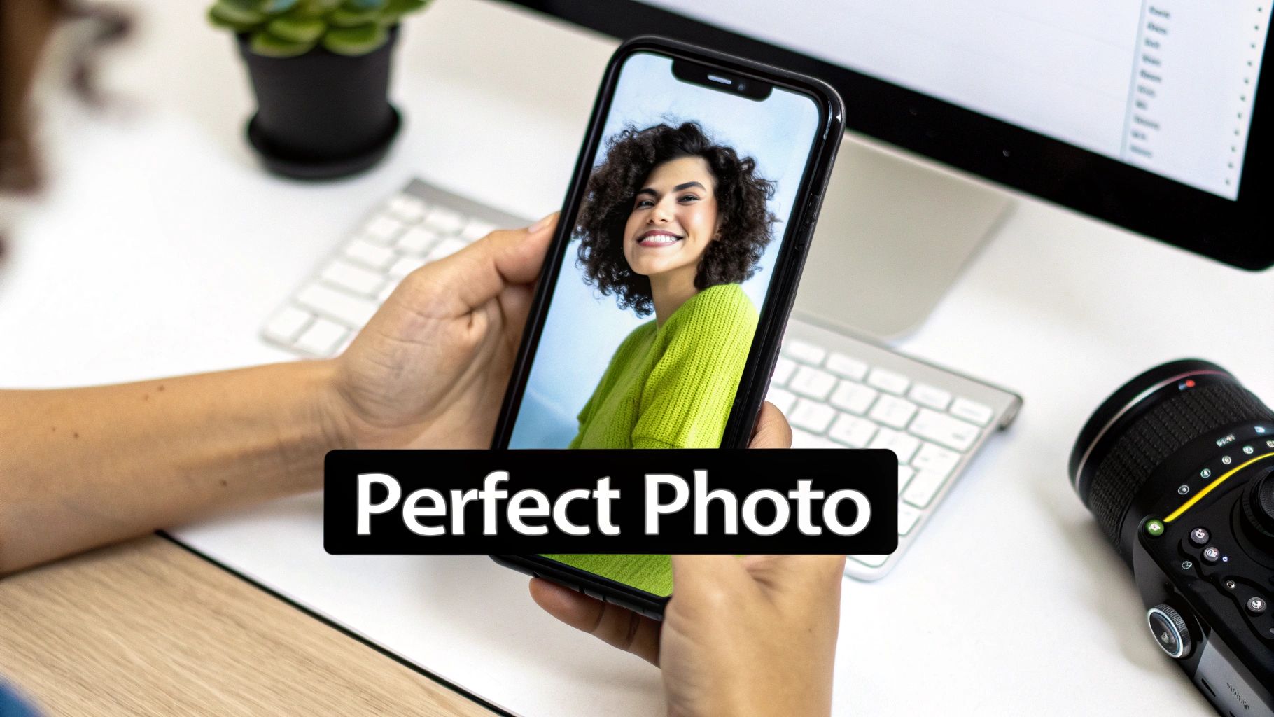 Hands holding a smartphone displaying a joyful photo of a smiling woman with curly hair.