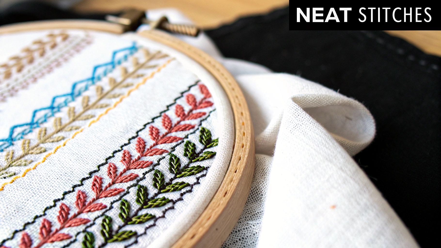 A close-up image showing the difference between twisted cross stitches and neat, railroaded cross stitches.