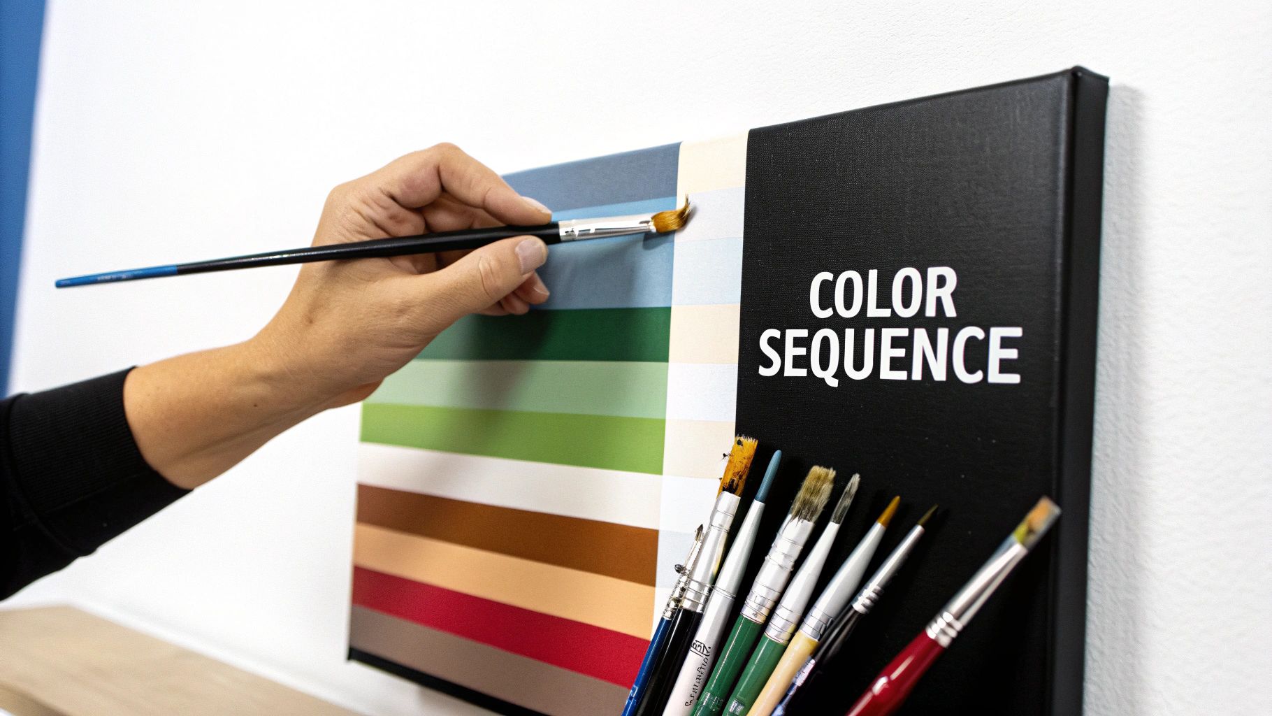 A paint by number canvas in progress, showing a painter filling in a light-colored section next to a completed dark section, demonstrating a strategic application of color.