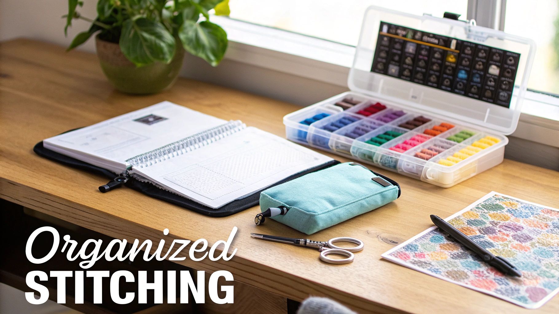 A neatly organized desk with cross-stitching supplies, including a planner, colorful threads, and tools.