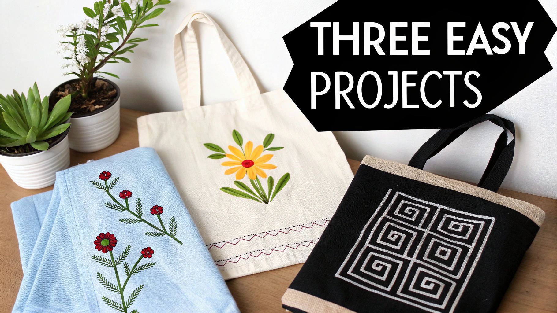 Three fabric projects: a floral embroidered towel, a daisy tote bag, and a geometric tote, with plants.