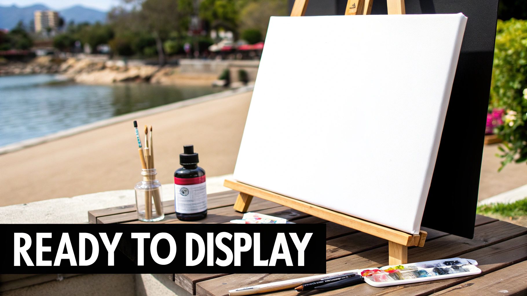 Outdoor art setup with a blank canvas on an easel, paint, brushes, and a palette.