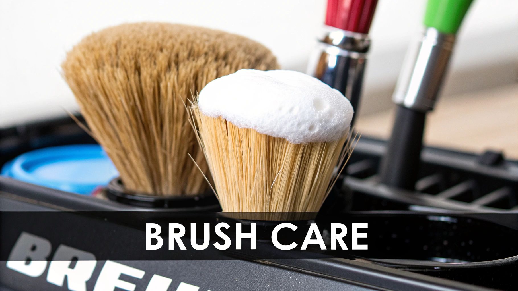 Close-up of several detailing paint brushes, one covered in white foam, in a black holder, with 'BRUSH CARE' text.