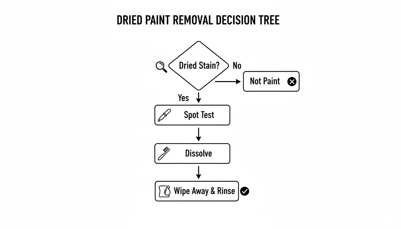 A flowchart detailing steps for dried paint removal: Dried Stain? Yes to Spot Test, Dissolve, Wipe Away & Rinse. No to Not Paint.