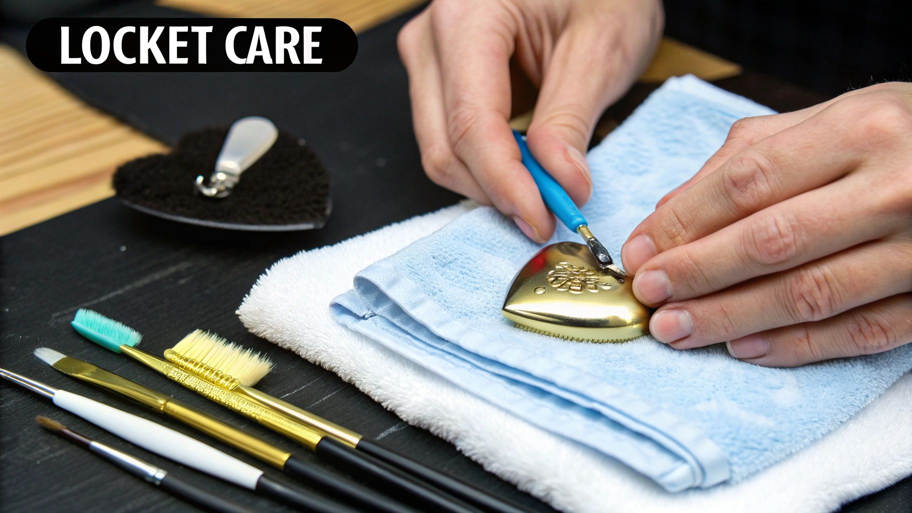 A person carefully cleaning a silver heart locket with a soft cloth.