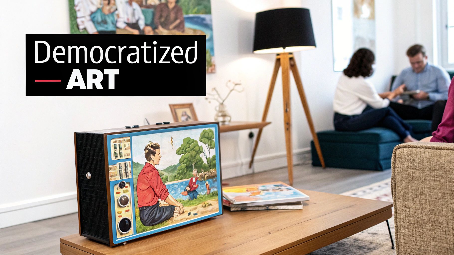 A modern living room with a 'Democratized Art' banner, a digital art display, and people relaxing.