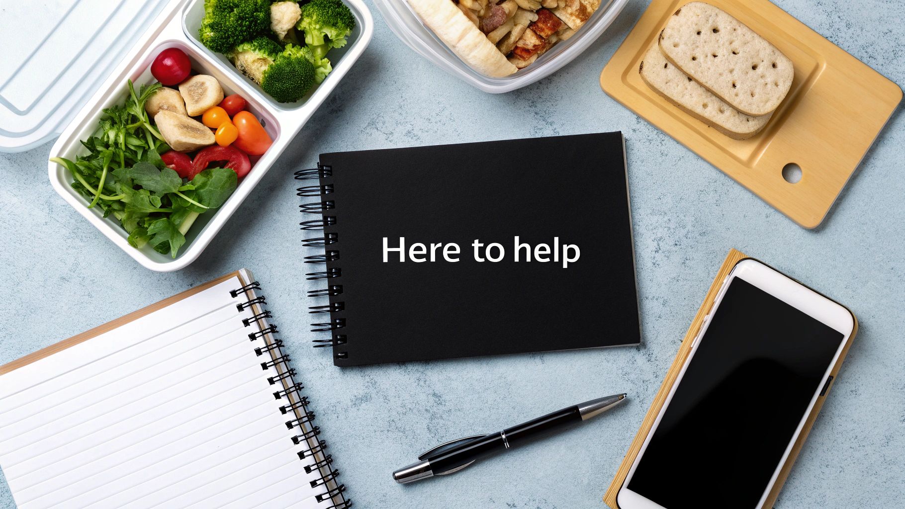 Meal prep containers with healthy food, notebooks, pen and phone on desk - planning concept