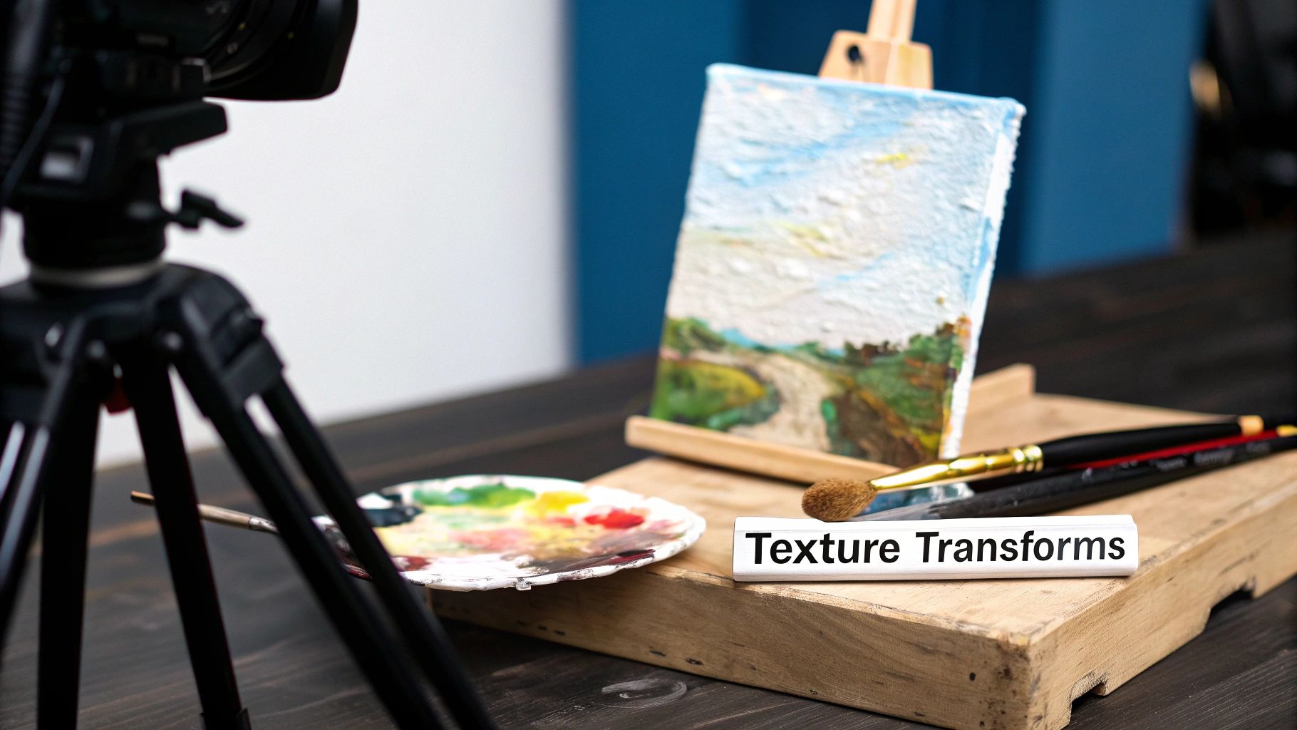 A camera on a tripod next to a small landscape painting on an easel, with a palette, brushes, and 'Texture Transforms' text.