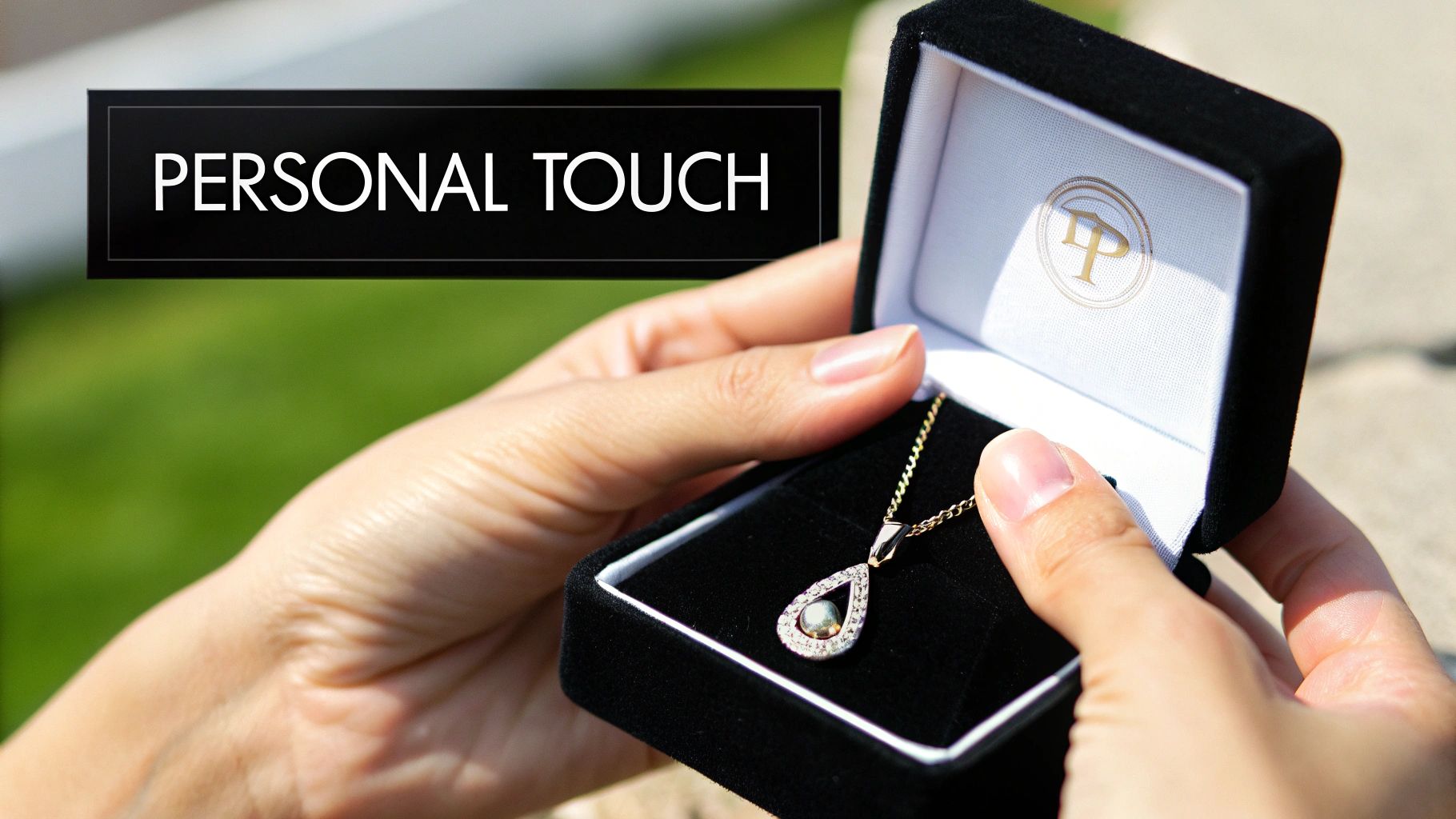Close-up of hands holding an open black jewelry box with a pearl and diamond necklace.