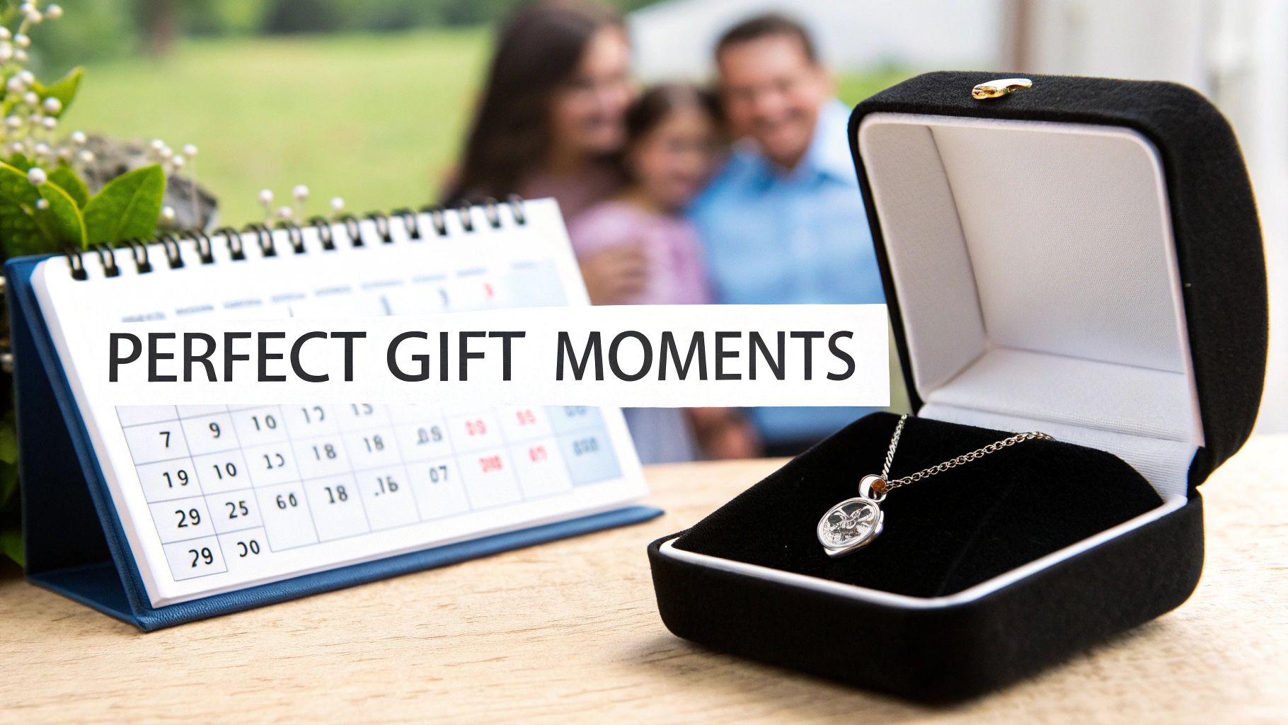 A silver charm necklace in an open gift box beside a calendar, with a blurred happy family celebrating a perfect gift moment.