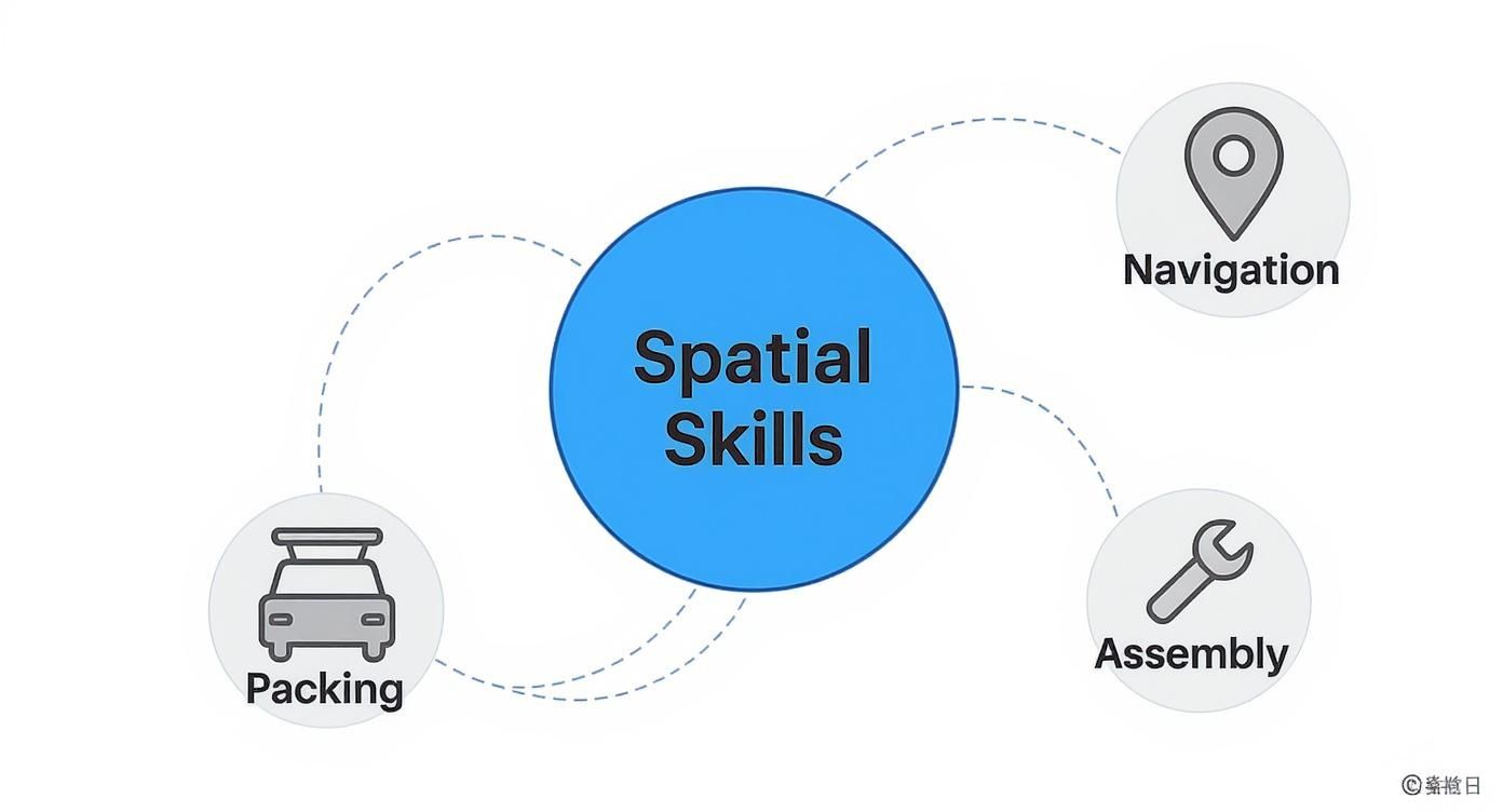 A diagram explaining spatial skills, showcasing examples like navigation, packing, and assembly.