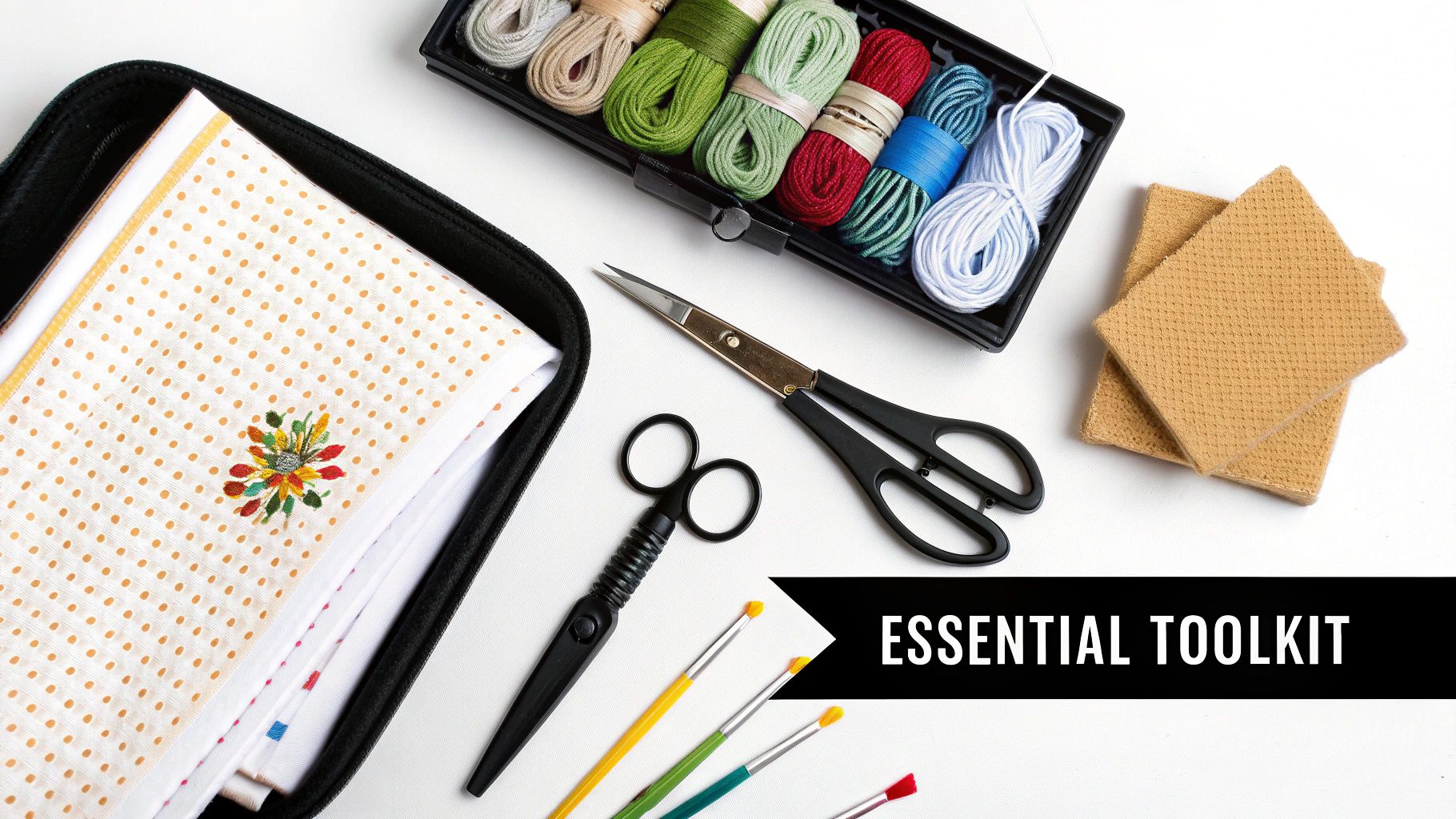 A cozy arrangement of cross stitch supplies including fabric, colorful floss, scissors, and a wooden hoop.