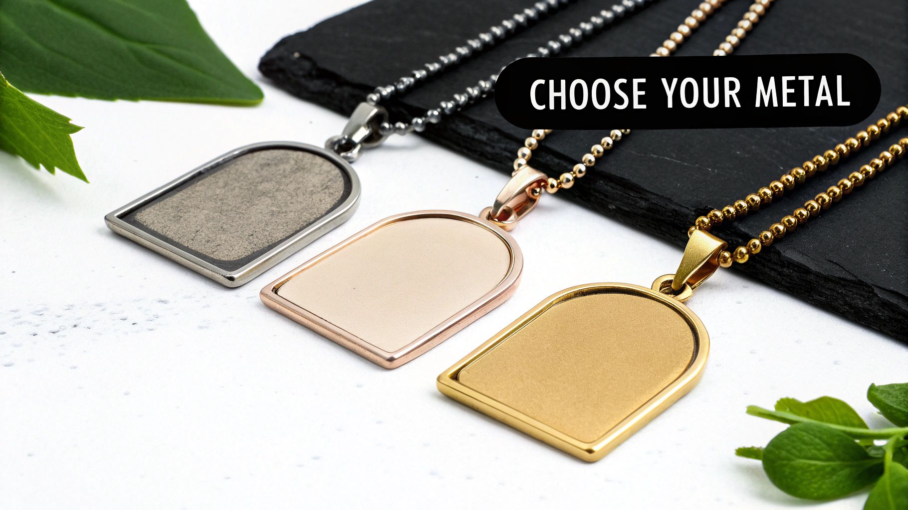 A collection of custom photo pendant necklaces in different metals like silver and gold.