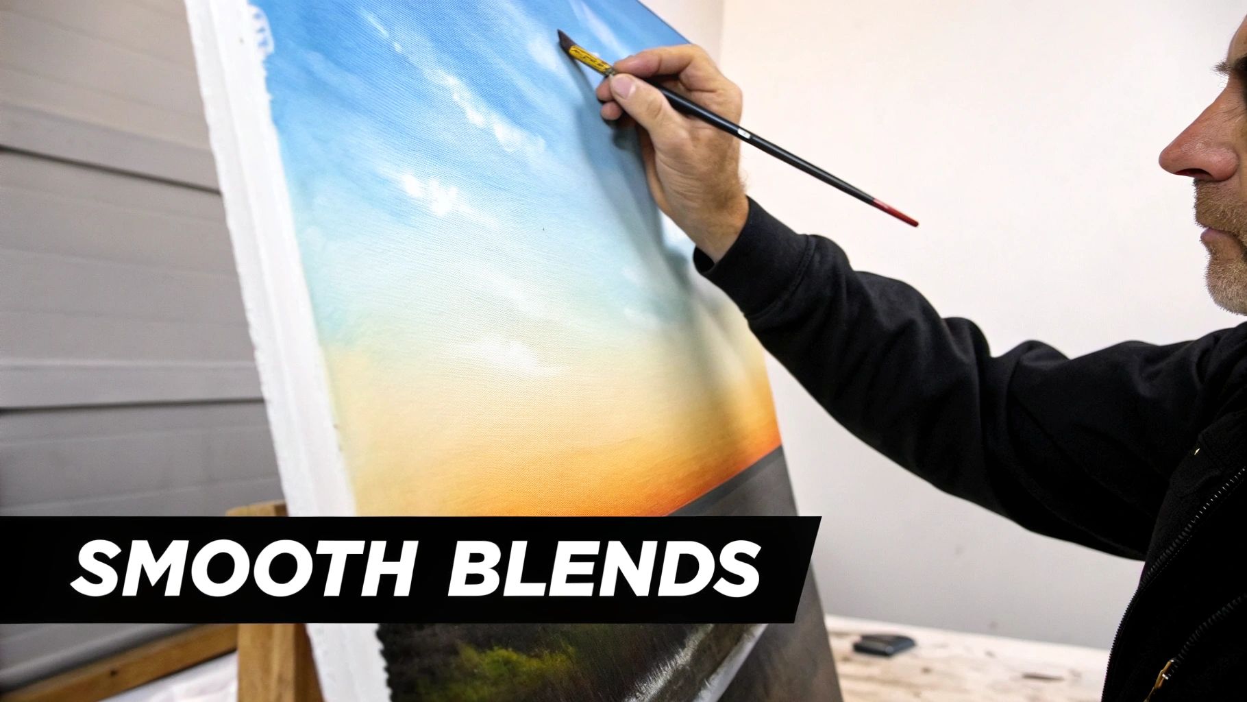 Close-up of an artist's hand painting a smooth sky gradient on canvas with a brush.