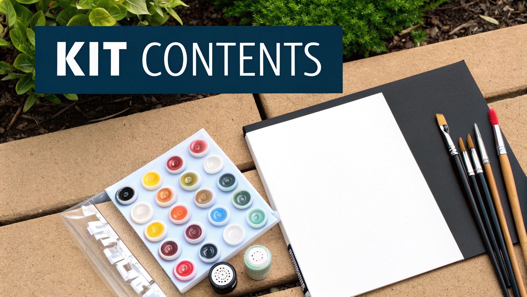 A custom paint by number kit with a canvas, paints, and brushes laid out