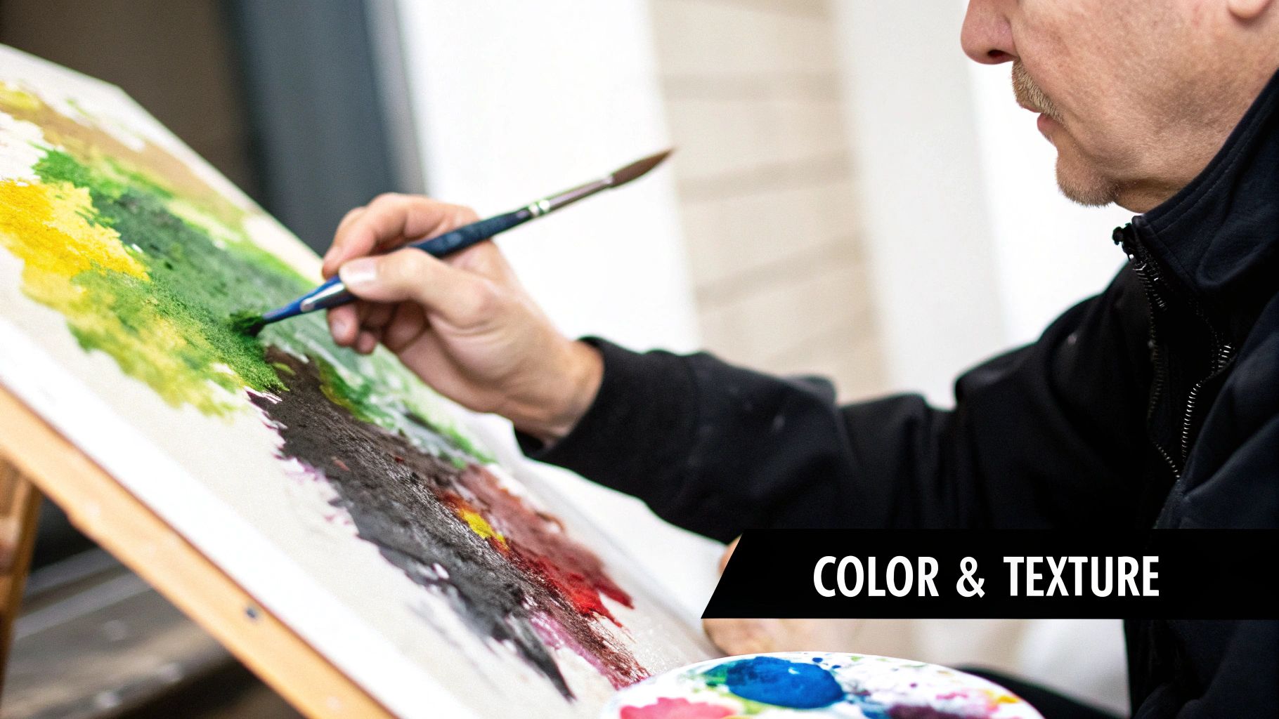 Artist in black jacket painting colorful abstract artwork with brush on canvas easel